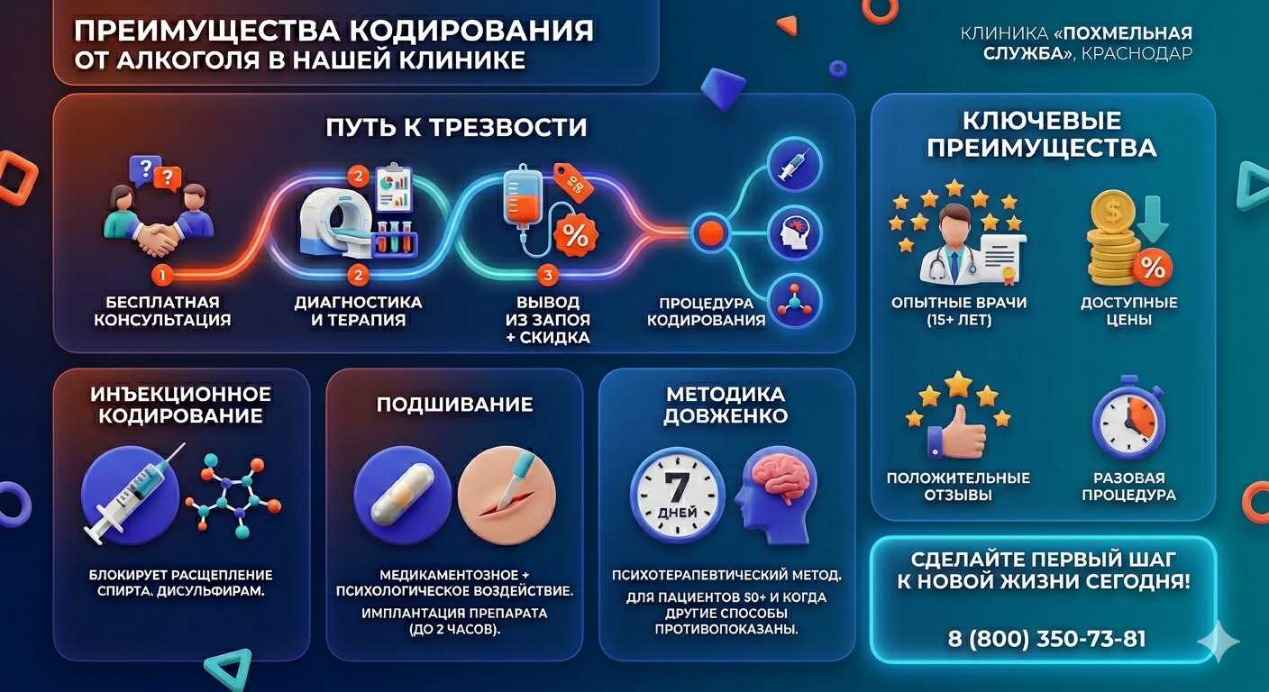 Инфографика о методах кодирования от алкоголя в Комсомольске-на-Амуре: инъекции, подшивание, метод Довженко. Преимущества клиники и этапы лечения.