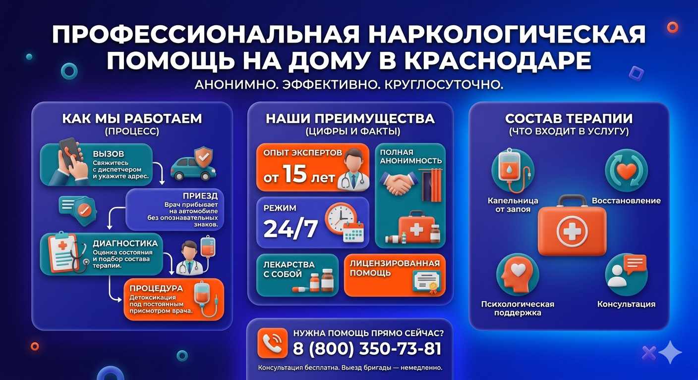 Инфографика о принципах лечения алкоголизма на дому в Комсомольске-на-Амуре: этапы вызова нарколога, преимущества анонимной детоксикации и состав медицинской помощи.